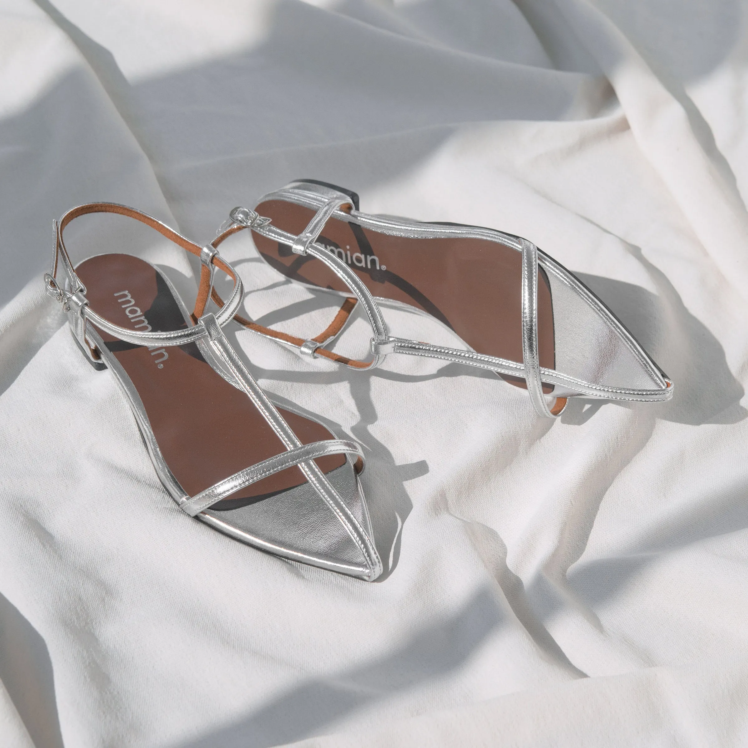 15% OFF: 2024SS: T-strap pointed flat sandals (m17001) Silver