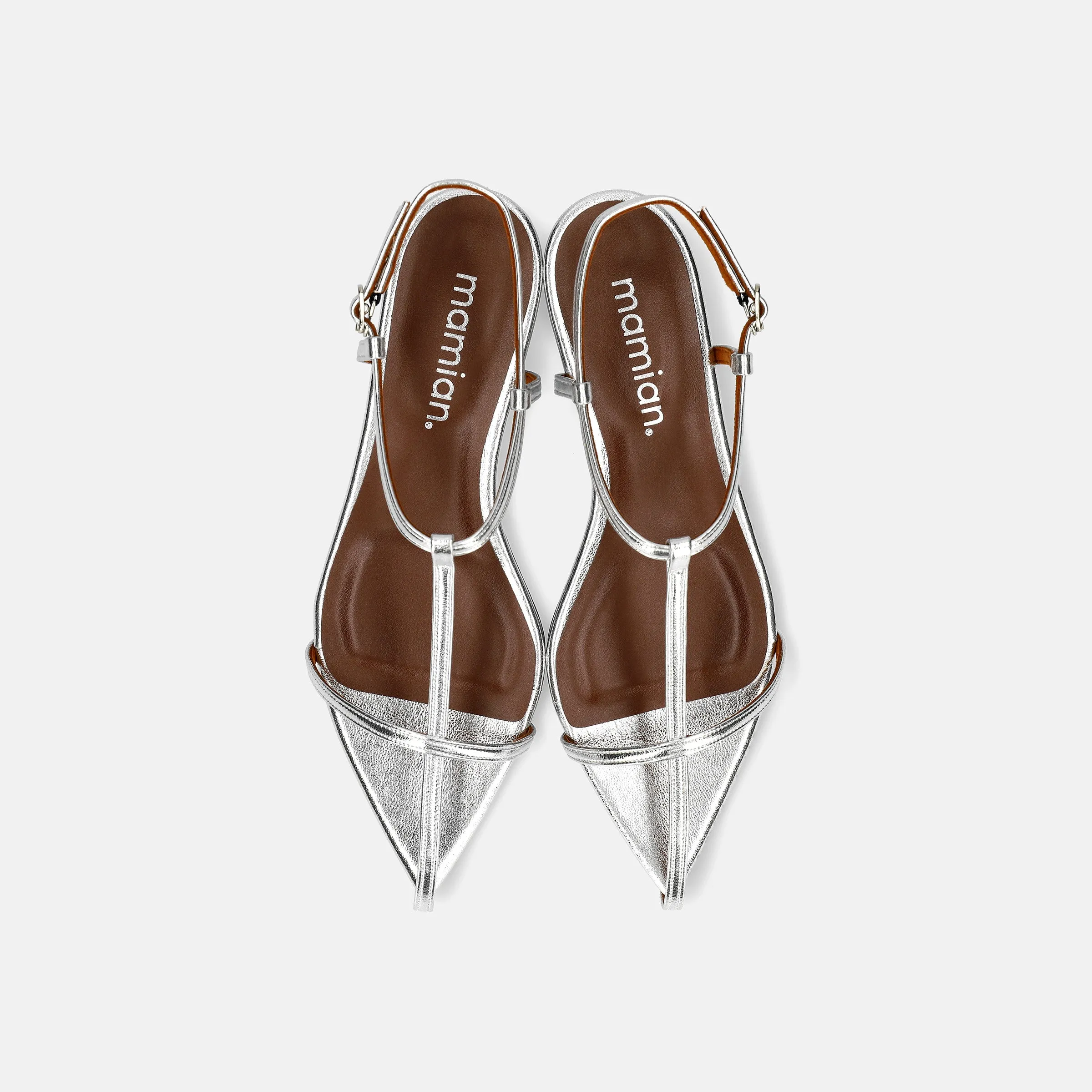 15% OFF: 2024SS: T-strap pointed flat sandals (m17001) Silver