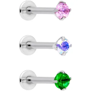 16 Gauge 3/8 Pink Aurora Green Round CZ Gem Labret Tragus Set of 3