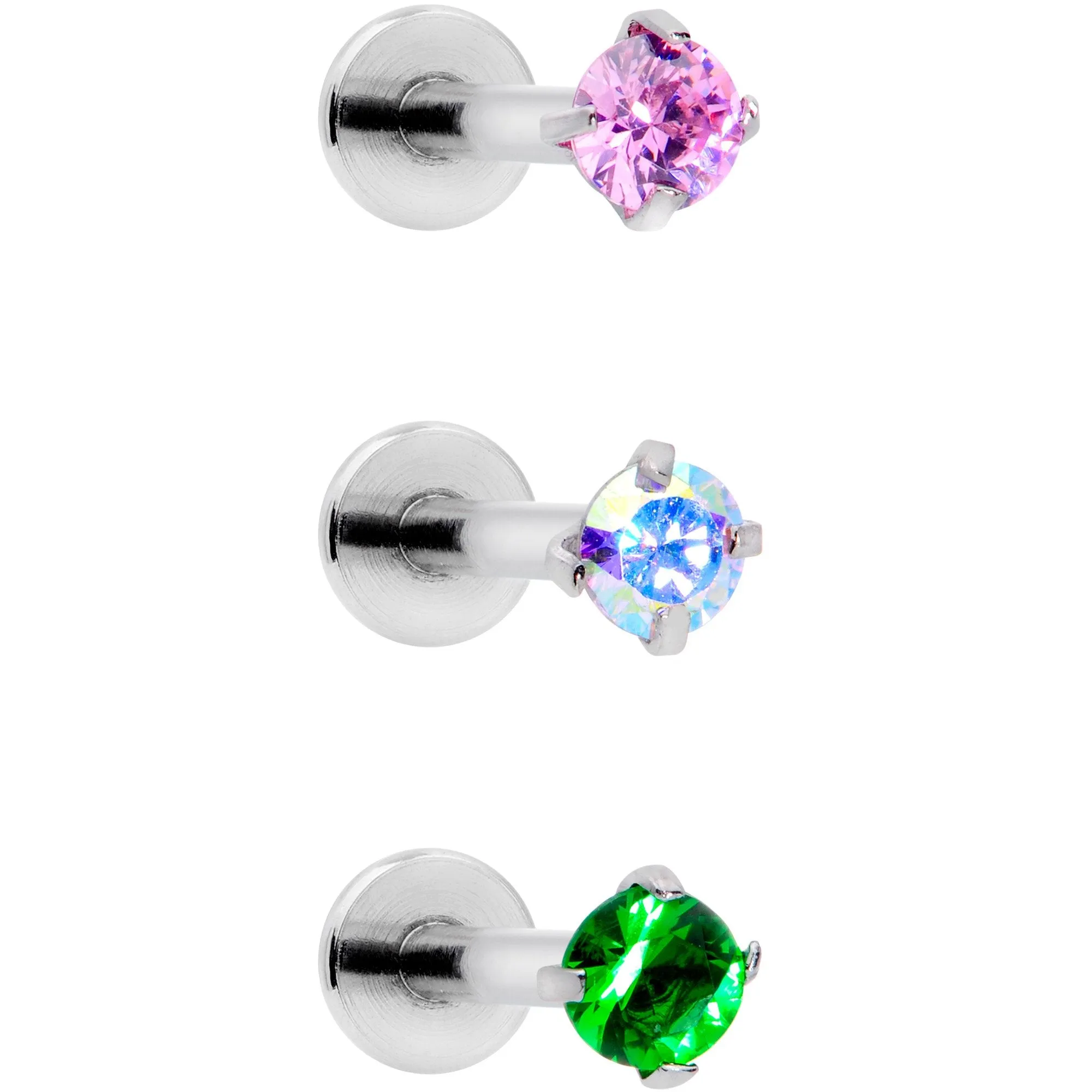 16 Gauge 3/8 Pink Aurora Green Round CZ Gem Labret Tragus Set of 3