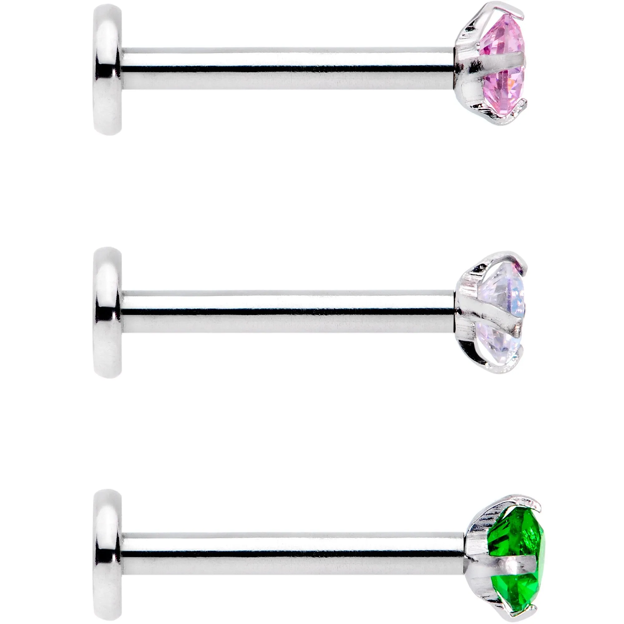 16 Gauge 3/8 Pink Aurora Green Round CZ Gem Labret Tragus Set of 3