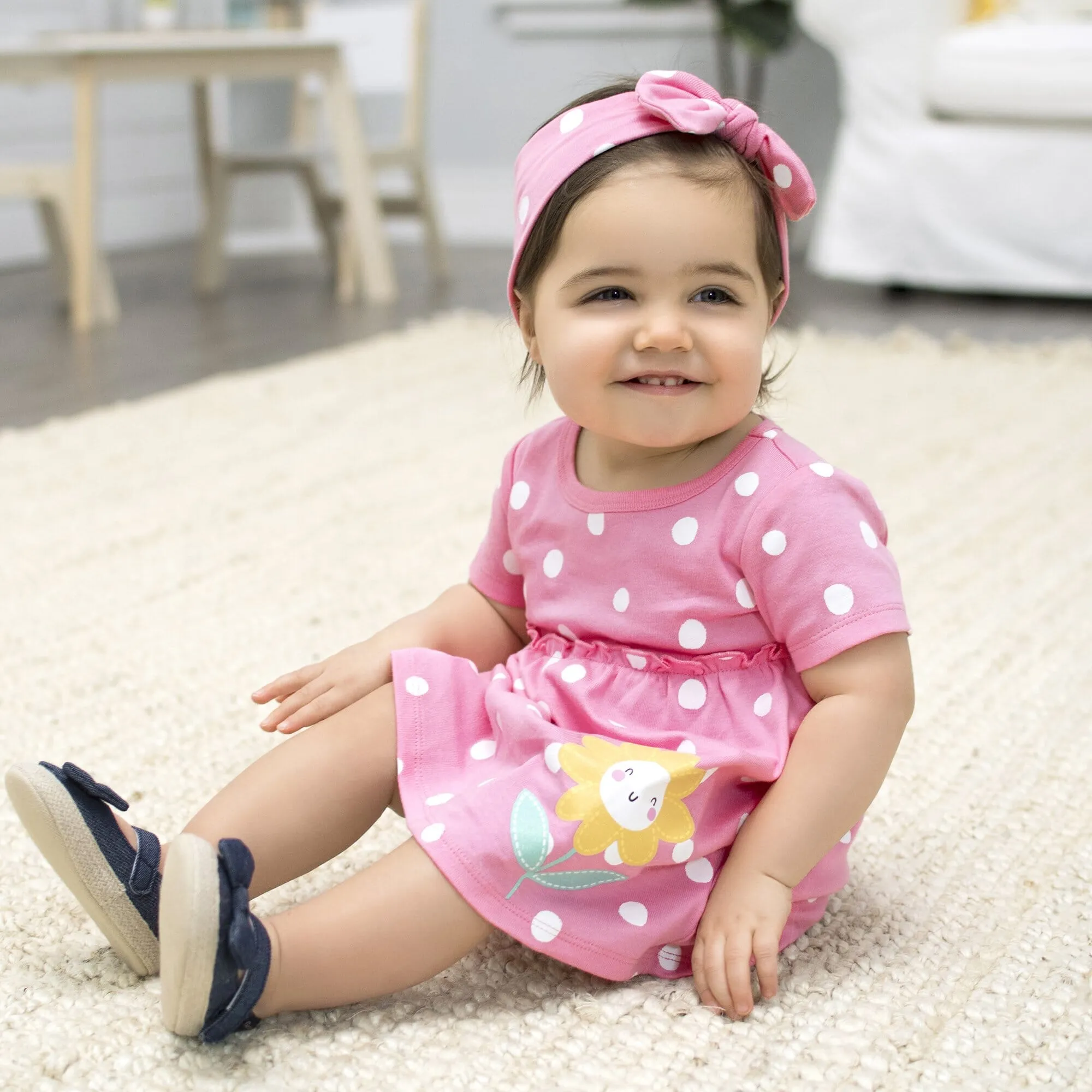 3-Piece Girls Sunflower Dress & Headband Set