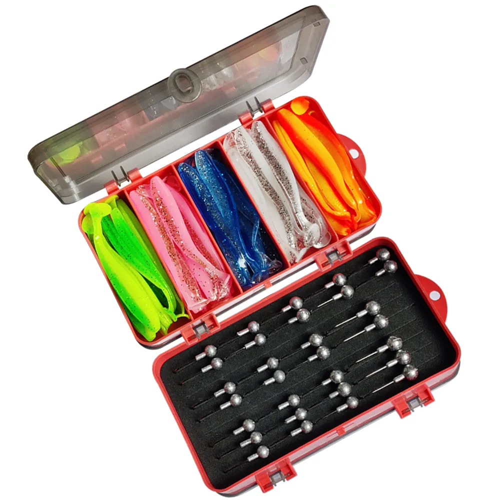 30pcs of 3 sizes of Jig Heads, 40pcs of 5colours of Paddle Tails 9cm With double side soft plastic box B
