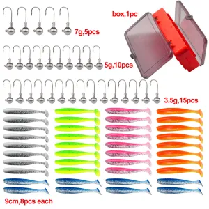 30pcs of 3 sizes of Jig Heads, 40pcs of 5colours of Paddle Tails 9cm With double side soft plastic box B