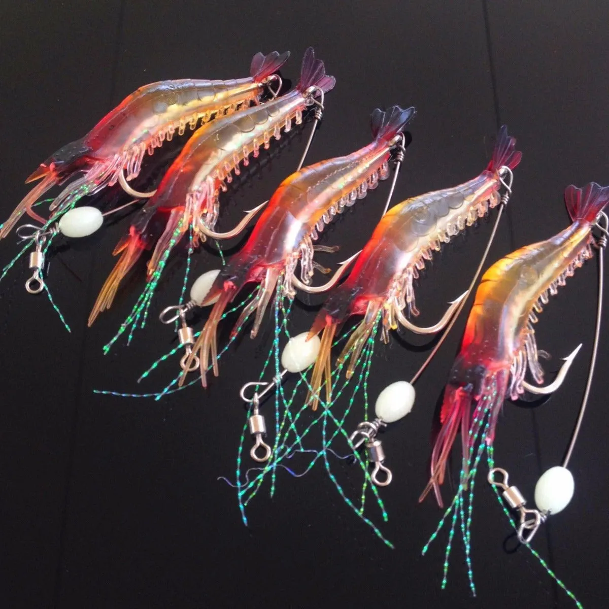 5 Pack Rigged Shrimp Soft Plastic Lures with Lumo Bead and Wire for Flathead Bream Cod Bass