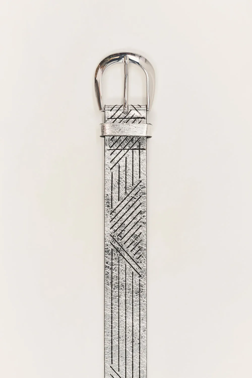 ANJA - Ceinture silver en cuir métallisé et lignes graphiques fabriquée en France