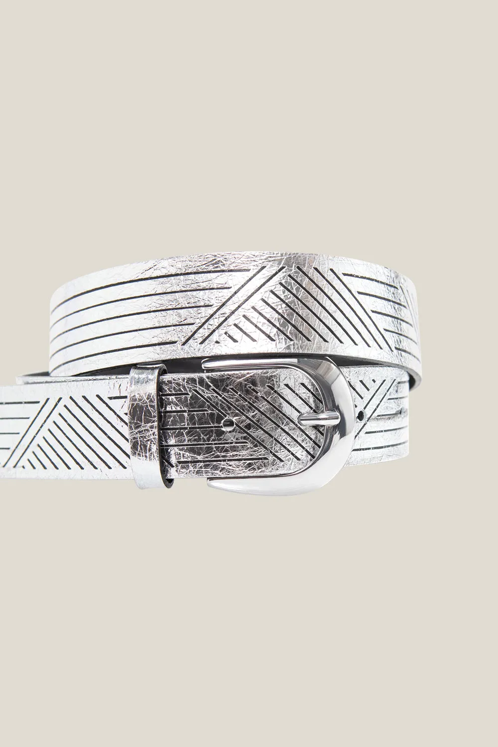 ANJA - Ceinture silver en cuir métallisé et lignes graphiques fabriquée en France
