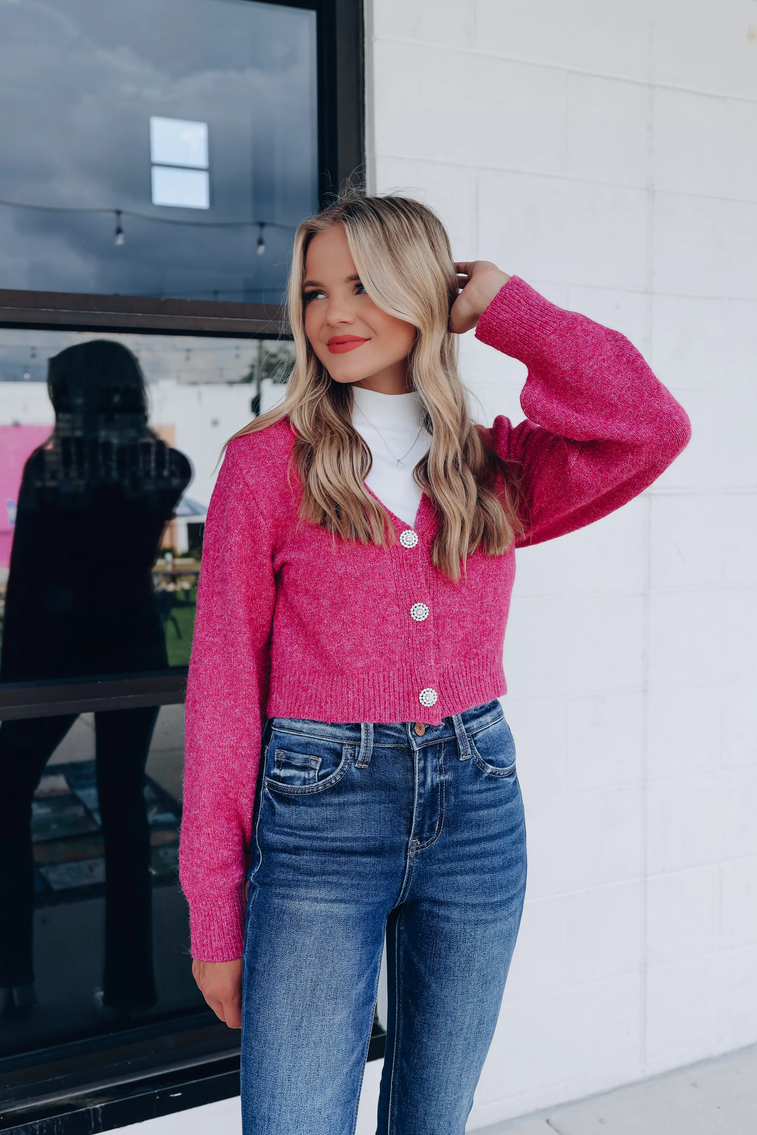 Bejeweled Button Front Cropped Cardigan - Berry