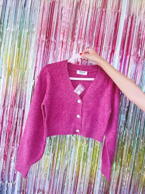 Bejeweled Button Front Cropped Cardigan - Berry