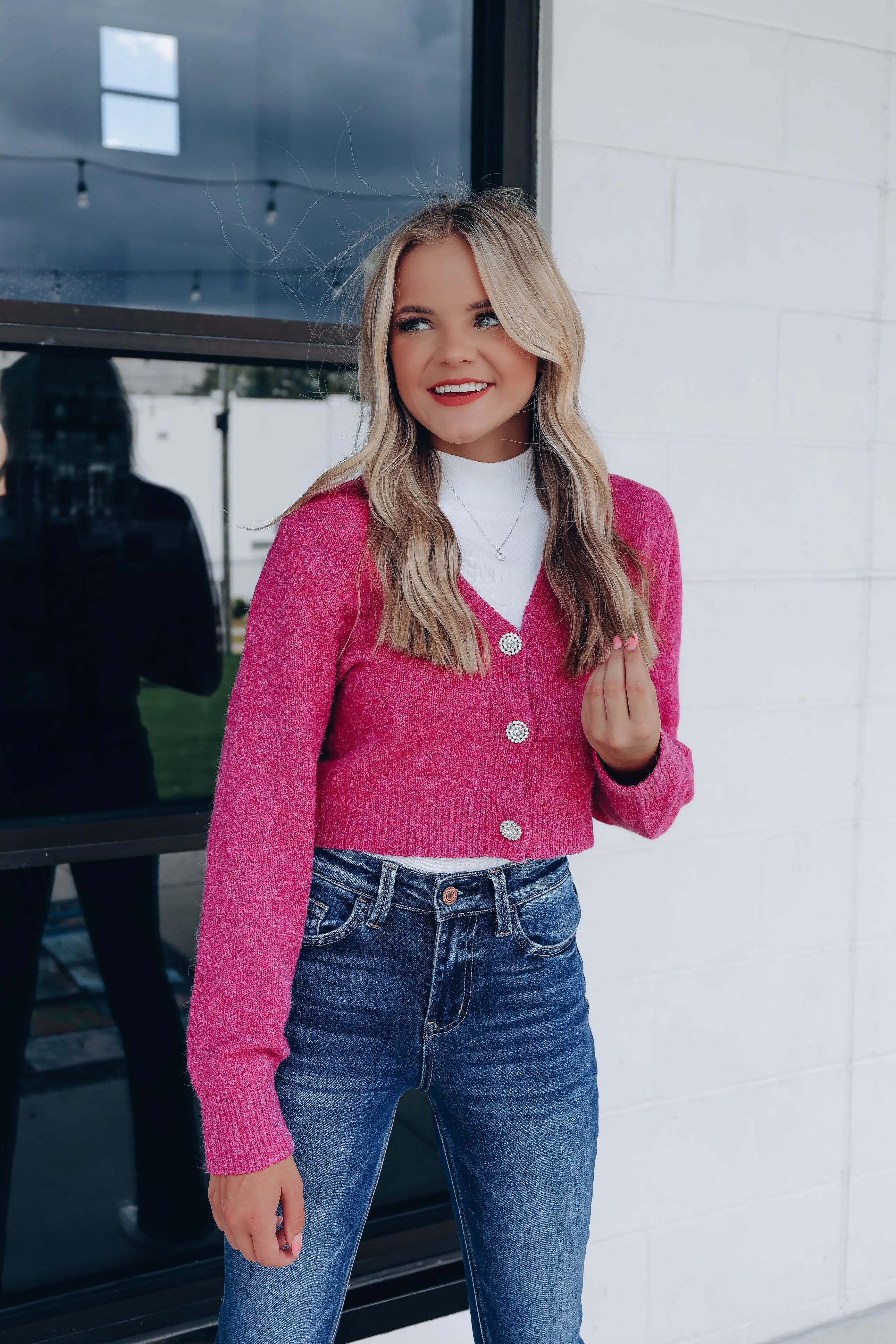 Bejeweled Button Front Cropped Cardigan - Berry