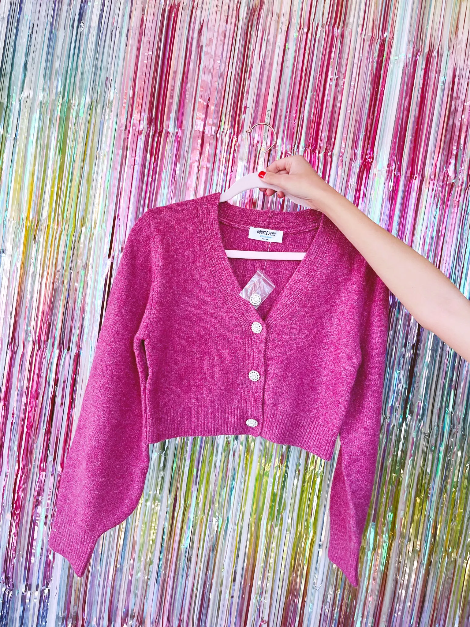Bejeweled Button Front Cropped Cardigan - Berry