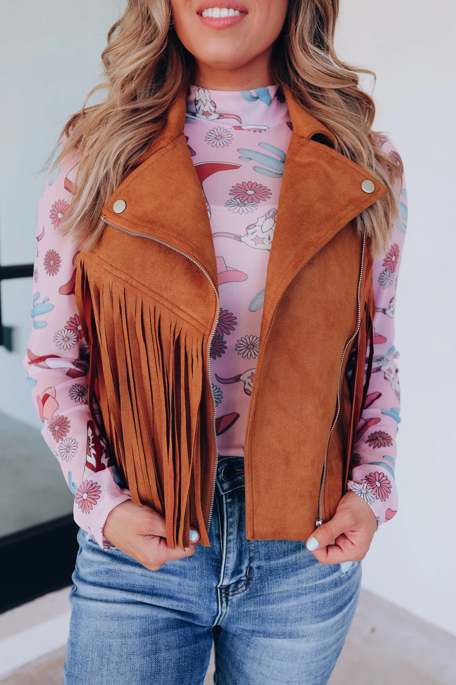 Bindi Fringe Faux Suede Vest - Camel