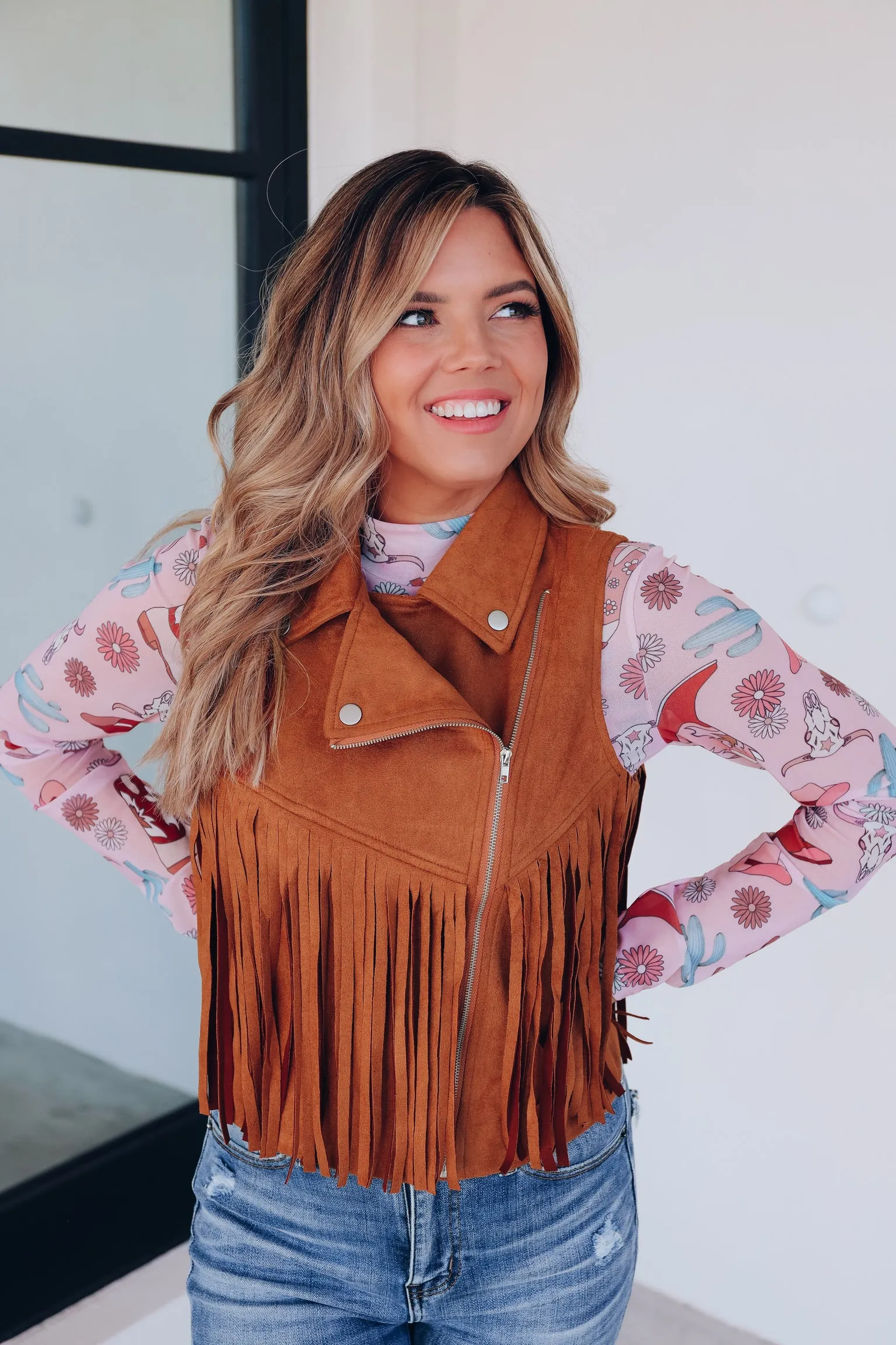 Bindi Fringe Faux Suede Vest - Camel