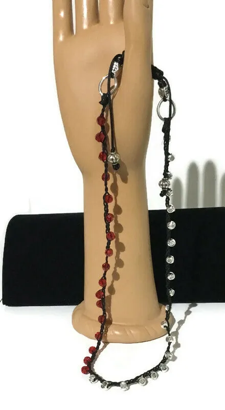 Braided beaded Macrame bracelet, triple wraps, wear it as a necklace, Boho-chic, adjustable clasp, THE RED AND SILVER WRAP