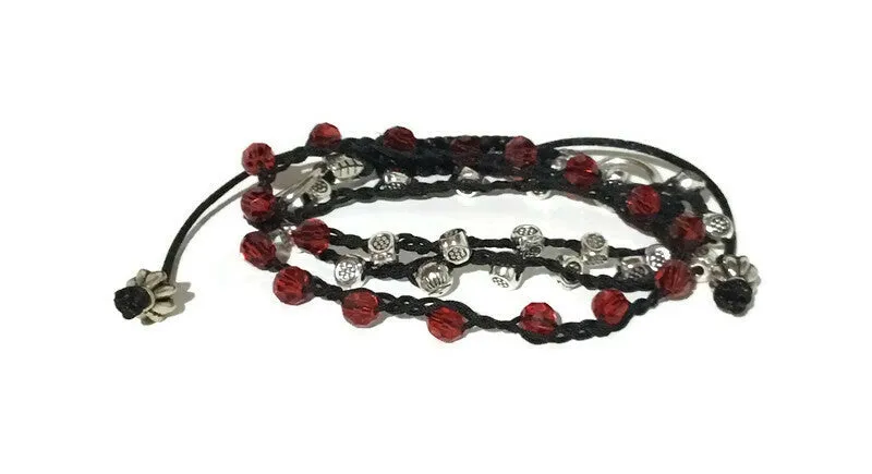Braided beaded Macrame bracelet, triple wraps, wear it as a necklace, Boho-chic, adjustable clasp, THE RED AND SILVER WRAP