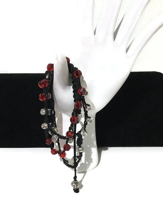 Braided beaded Macrame bracelet, triple wraps, wear it as a necklace, Boho-chic, adjustable clasp, THE RED AND SILVER WRAP