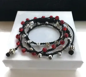 Braided beaded Macrame bracelet, triple wraps, wear it as a necklace, Boho-chic, adjustable clasp, THE RED AND SILVER WRAP