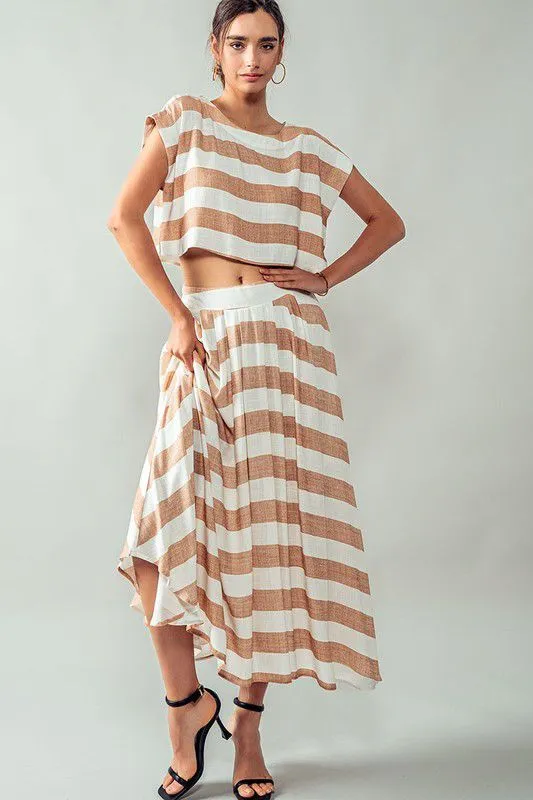 Breezy beachside white taupe striped midi skirt