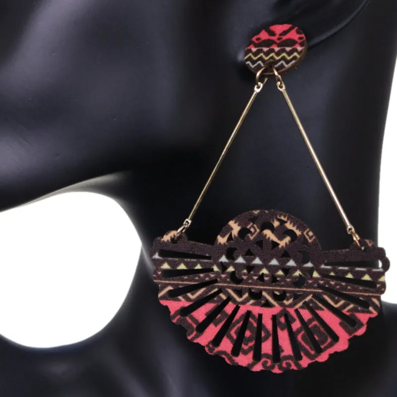 Brown Pink Boho Pattern Wooden Cutout Earrings
