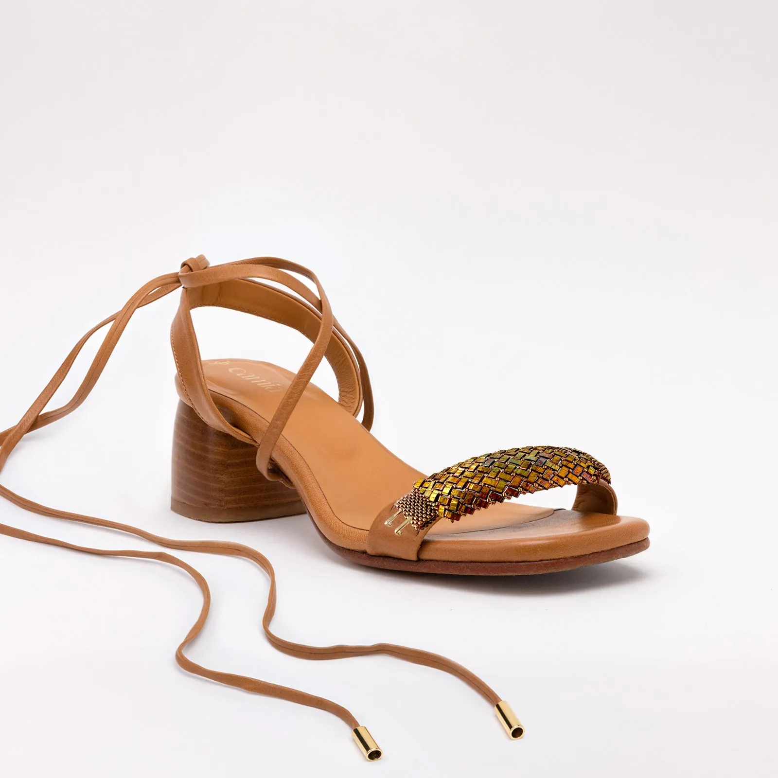 Camel Heeled Swap Sandal Sandy with Gladiator