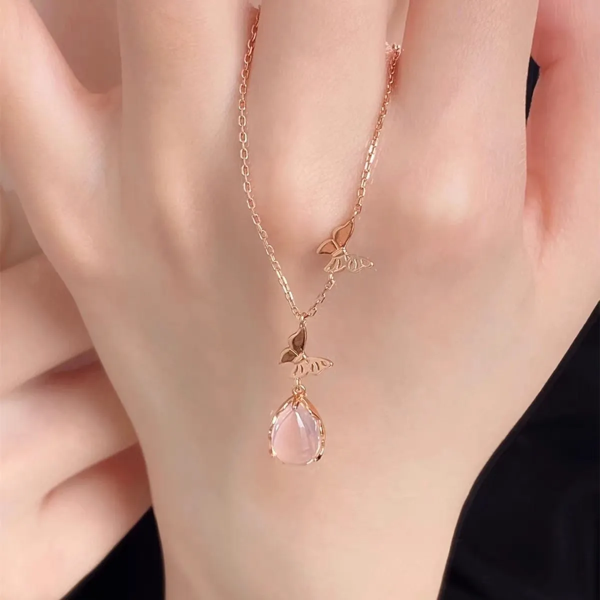 Chic Duo Enamel Butterfly Opal Pendant Necklace