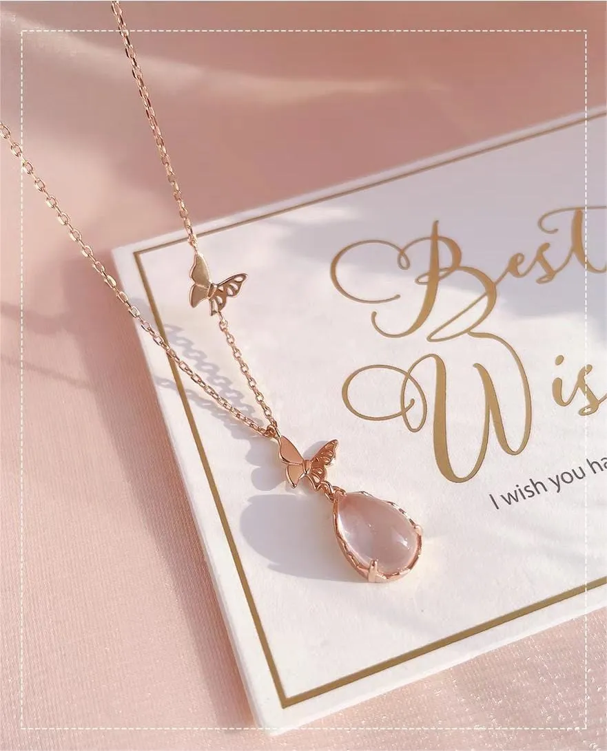 Chic Duo Enamel Butterfly Opal Pendant Necklace