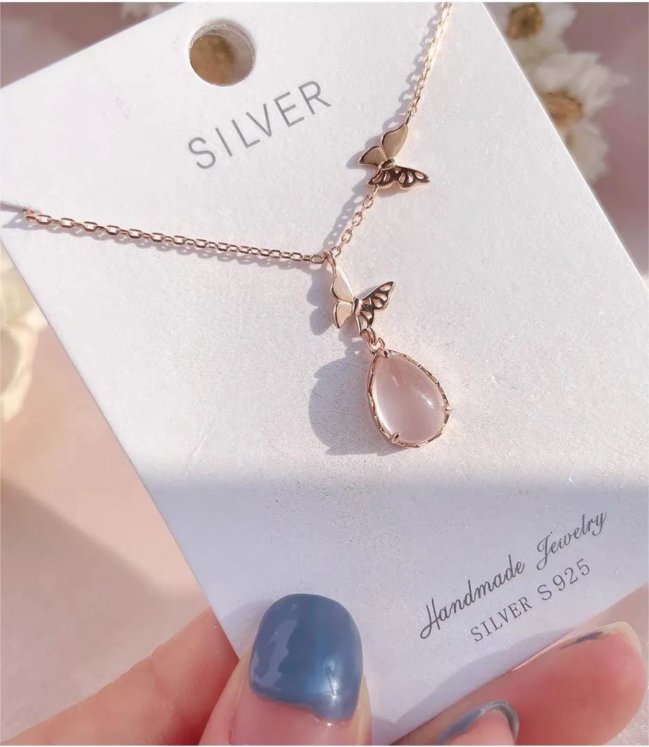 Chic Duo Enamel Butterfly Opal Pendant Necklace
