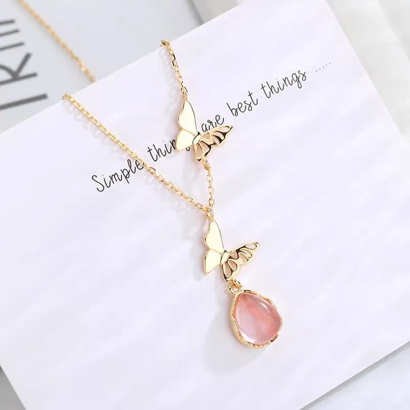 Chic Duo Enamel Butterfly Opal Pendant Necklace