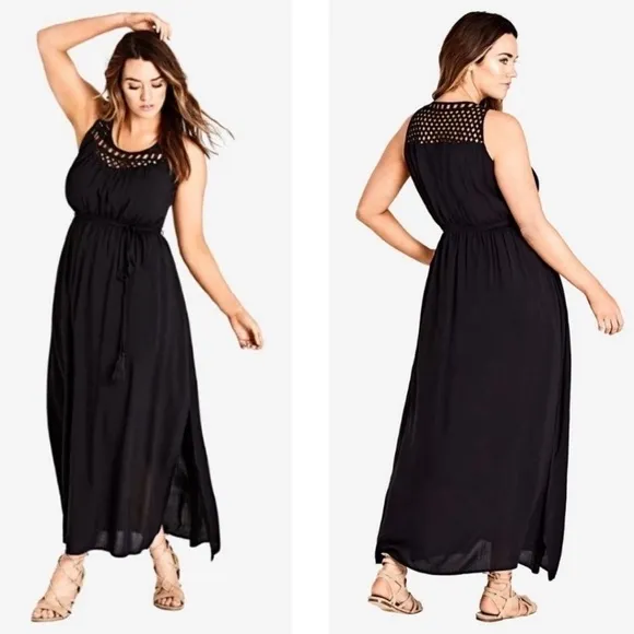 City Chic Crochet Detail MaxiDress Black Sleeveless Sz XS/14.