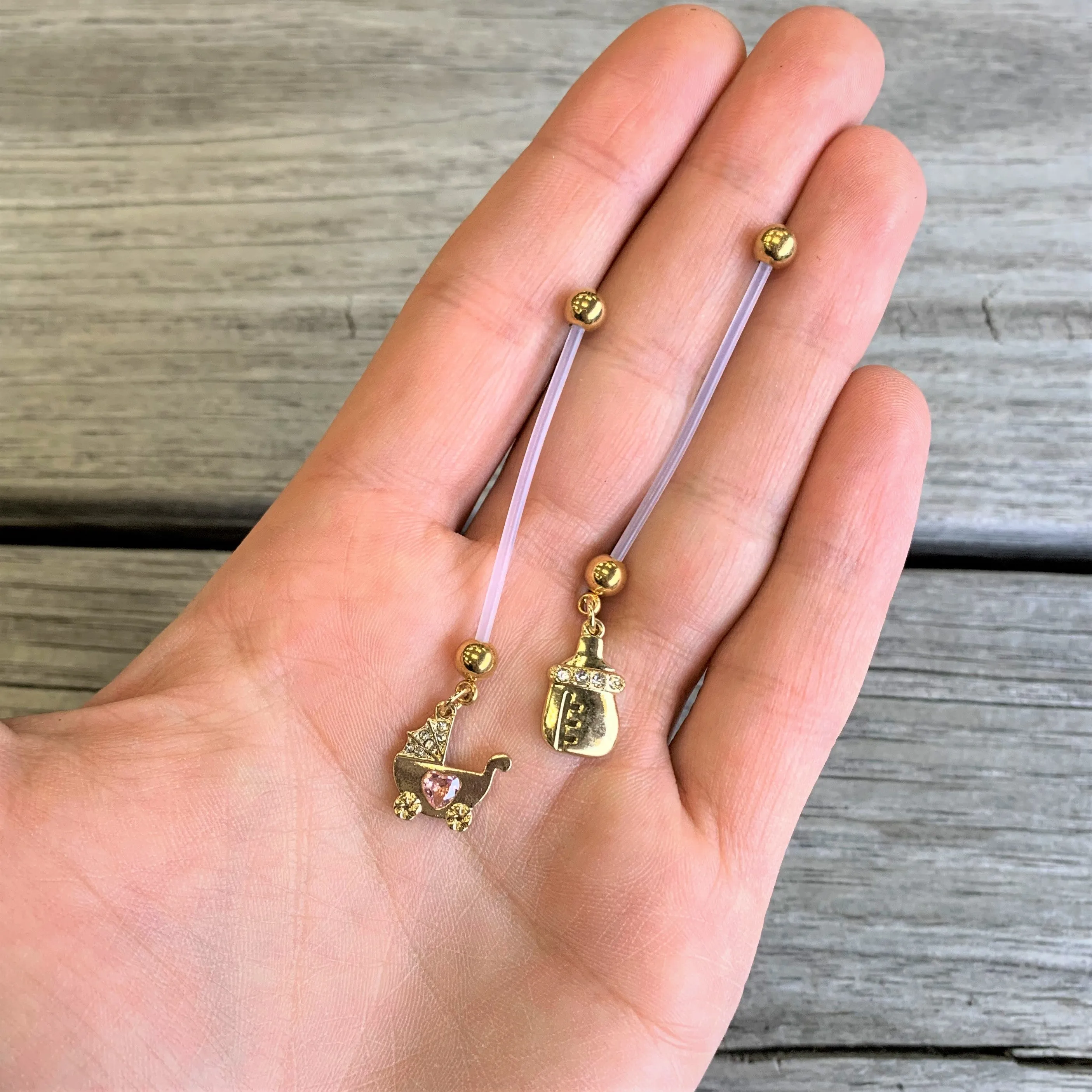 Clear Pink Gem Baby Carriage Dangle Pregnancy Belly Ring