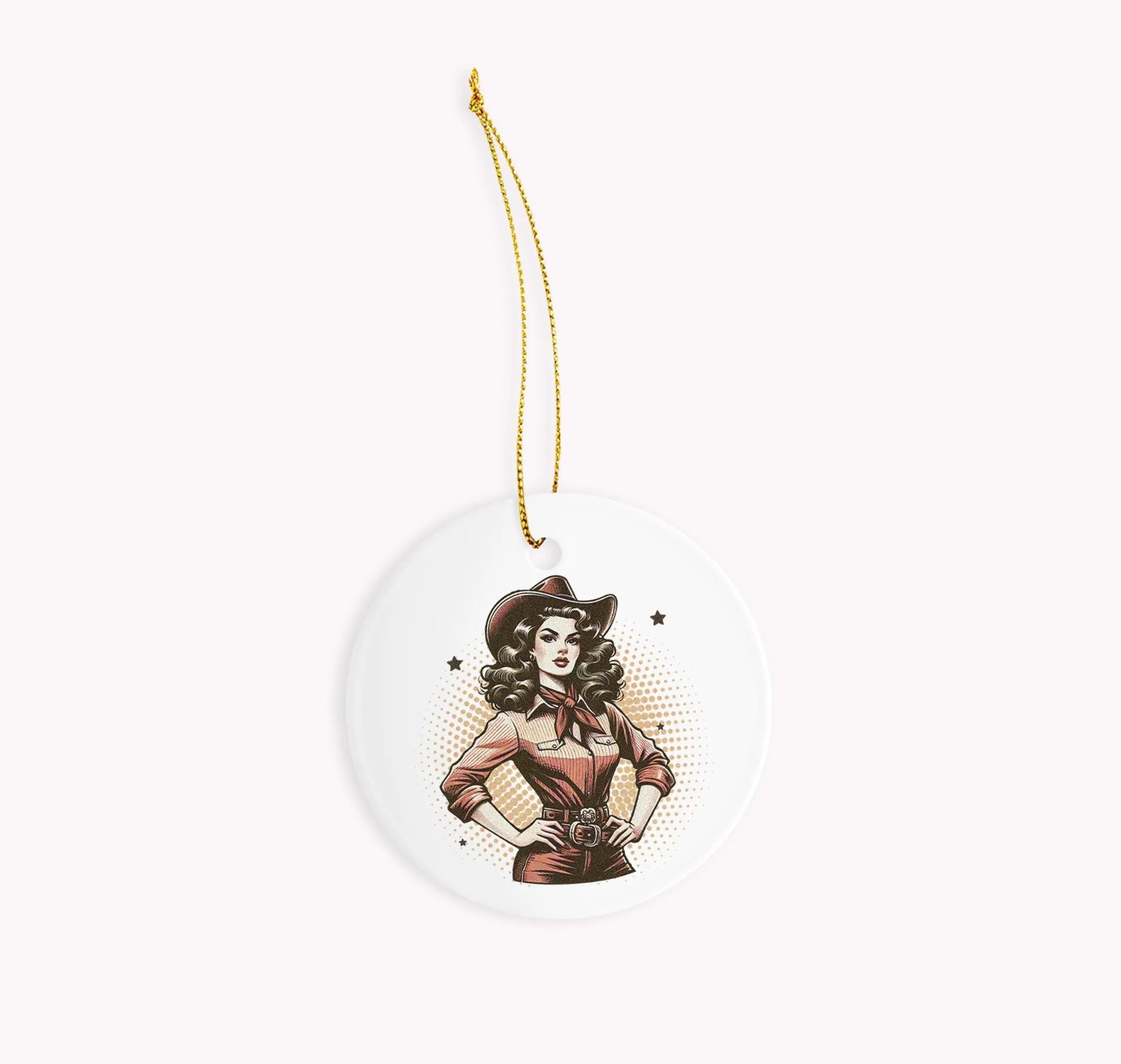 Cowgirl Ornament: 3" Round Ceramic Beauty with Sassy Retro Cowgirl Design, Ideal for Christmas Tree or Southwestern Gift
