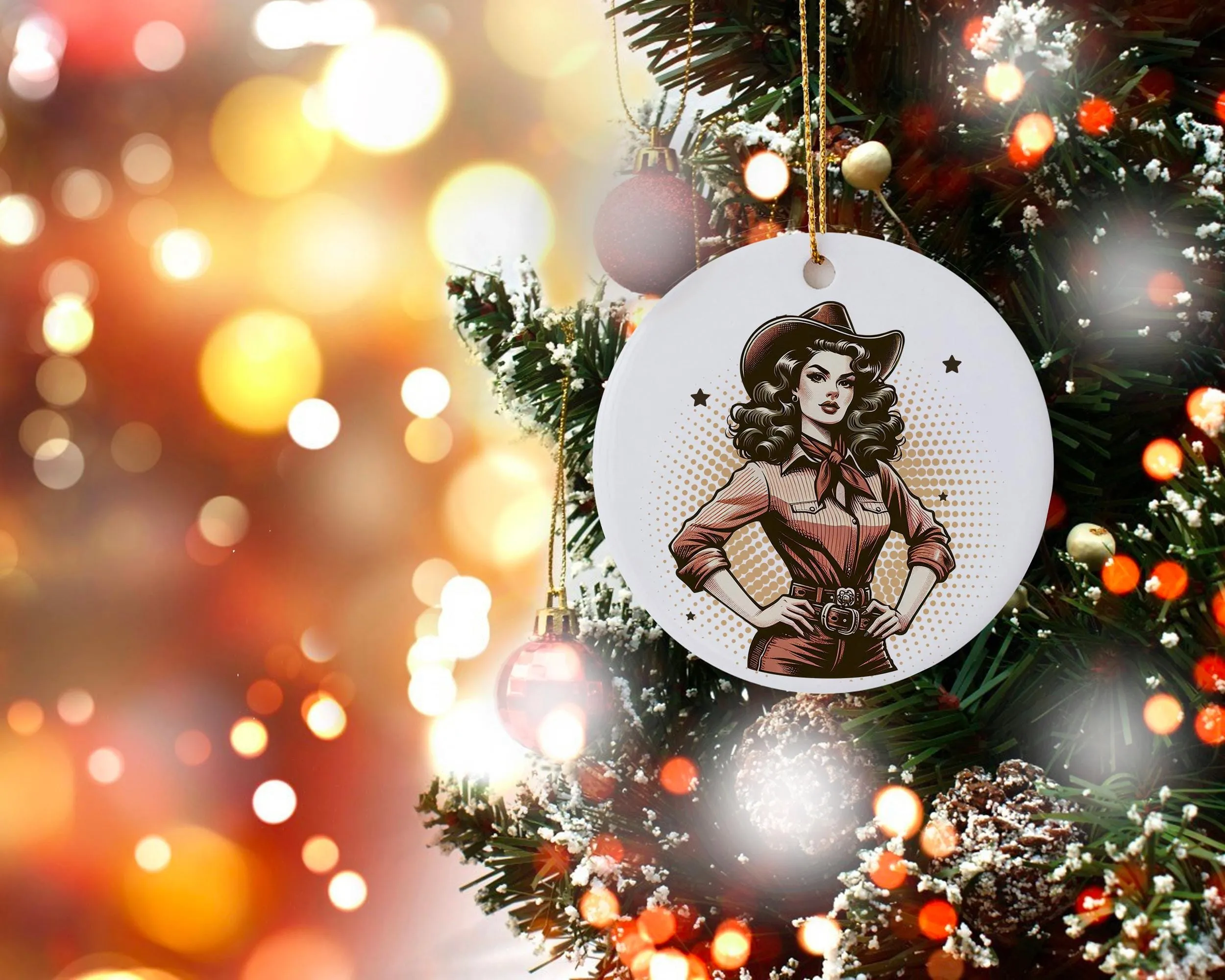 Cowgirl Ornament: 3" Round Ceramic Beauty with Sassy Retro Cowgirl Design, Ideal for Christmas Tree or Southwestern Gift