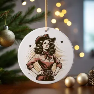 Cowgirl Ornament: 3" Round Ceramic Beauty with Sassy Retro Cowgirl Design, Ideal for Christmas Tree or Southwestern Gift