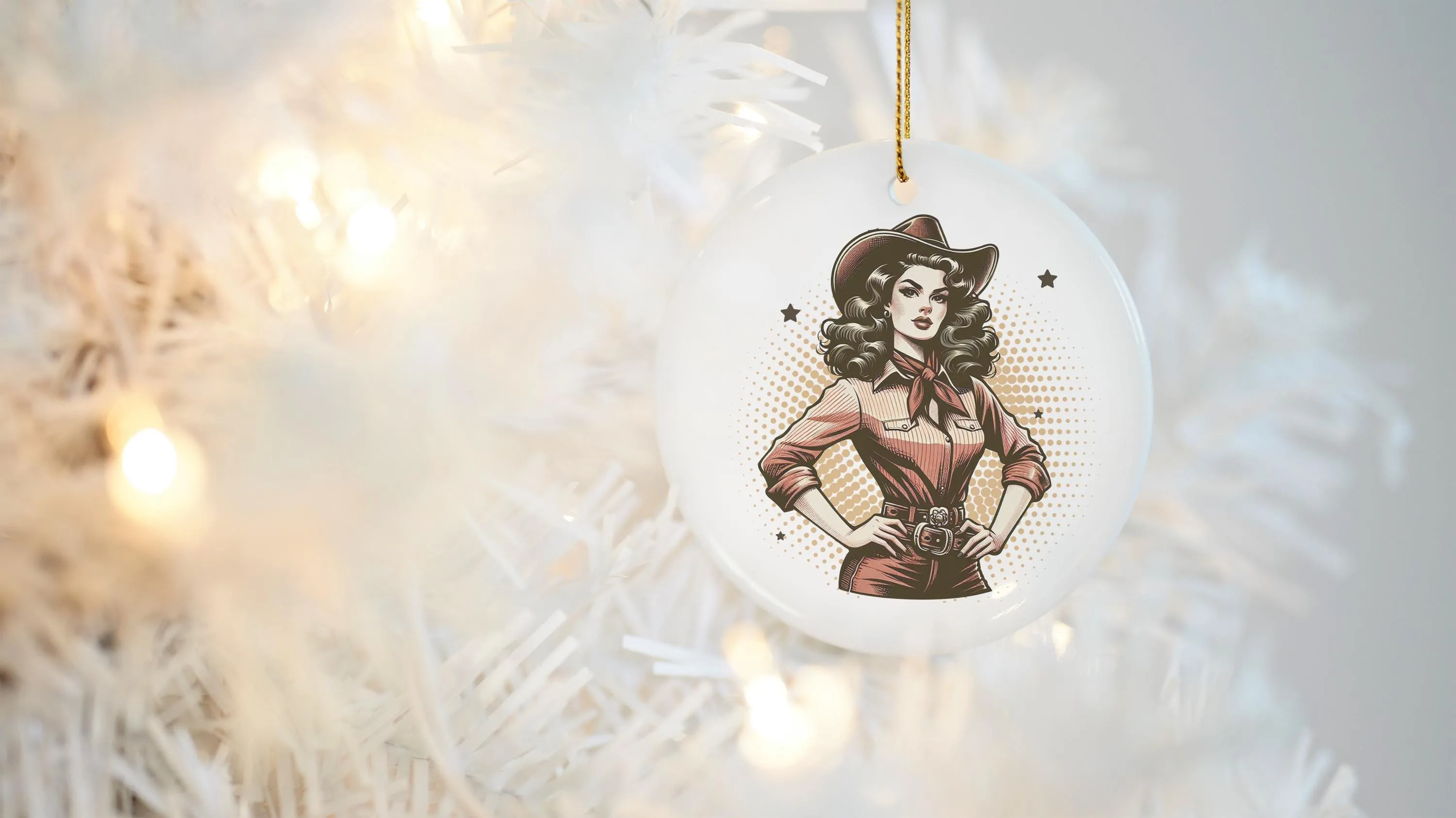 Cowgirl Ornament: 3" Round Ceramic Beauty with Sassy Retro Cowgirl Design, Ideal for Christmas Tree or Southwestern Gift