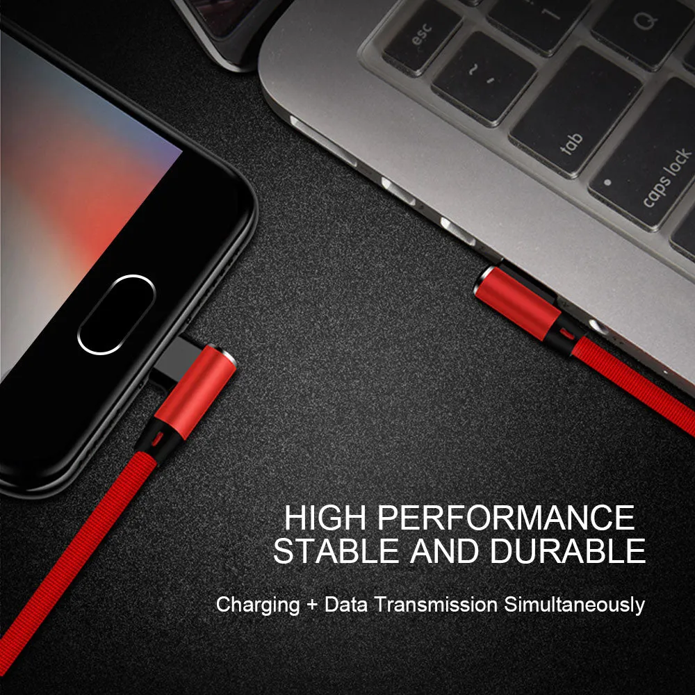 Double Elbow 90 Degree Micro USB Nylon 2.4A Fast Charging Data Transmission Cable Charger Adapter for Phone black