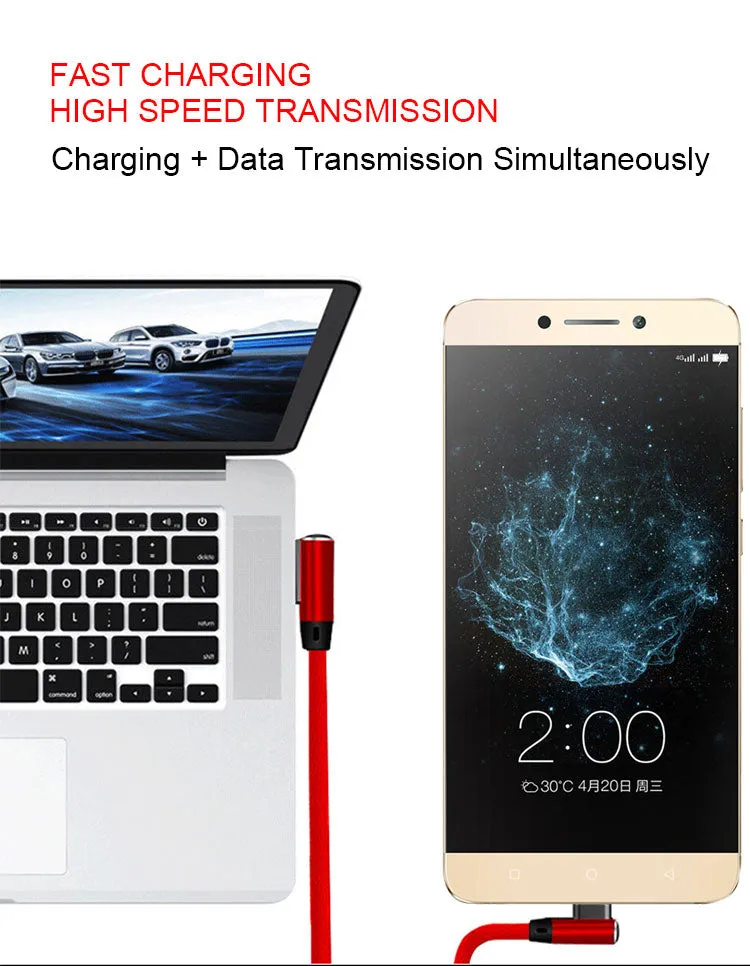 Double Elbow 90 Degree Micro USB Nylon 2.4A Fast Charging Data Transmission Cable Charger Adapter for Phone black