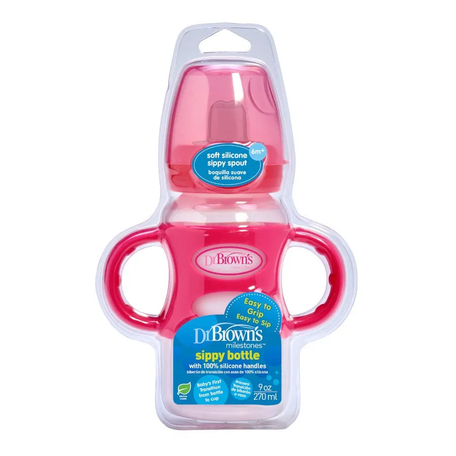 Dr Brown's 9 oz/270 ml PP WW "Options Compatible " Sippy Spout Bottle W/ Silicon Handles, Pink, 1-Pack