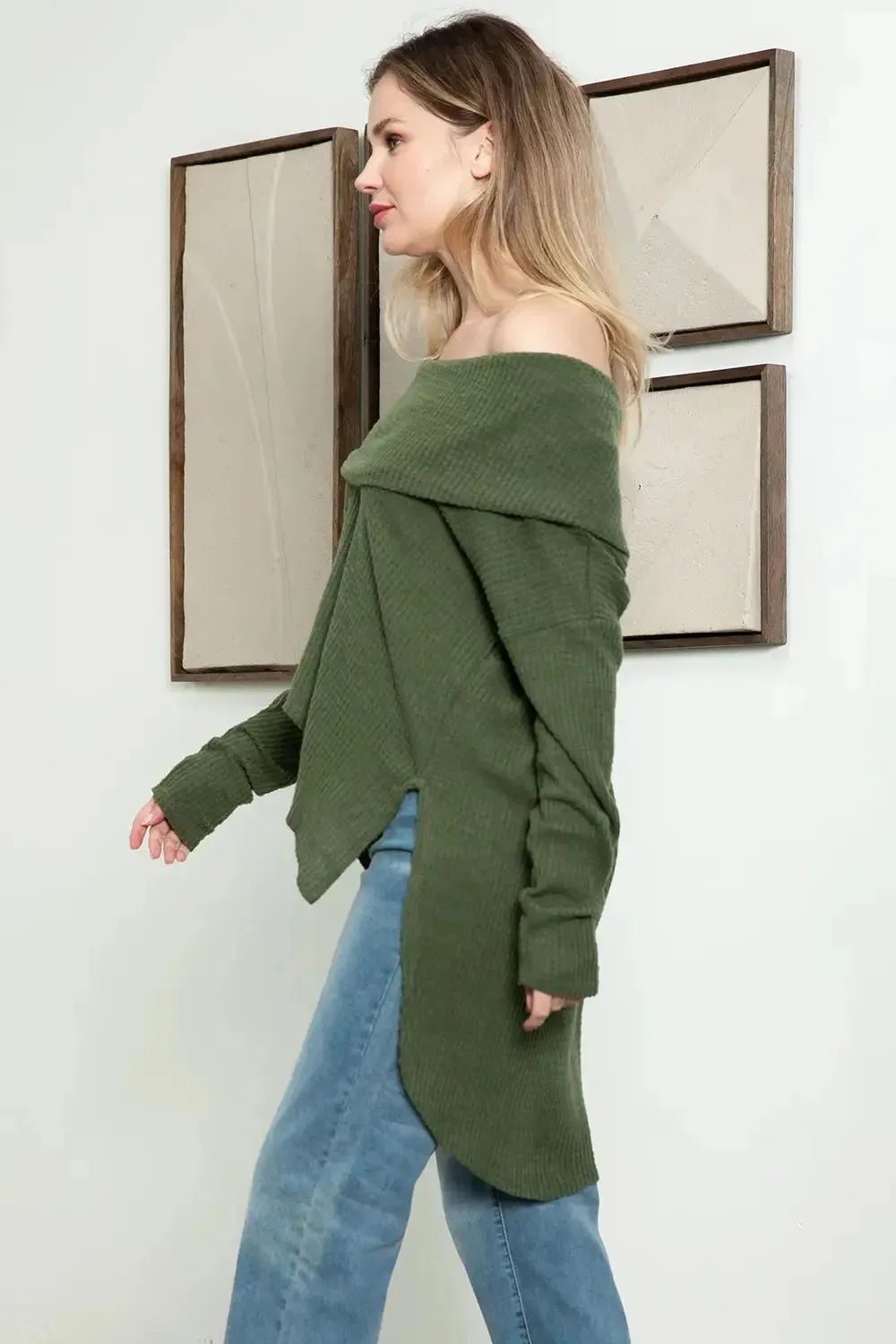 Extra Wide Turtleneck Long Sleeve Side Slit Long Back Sweater
