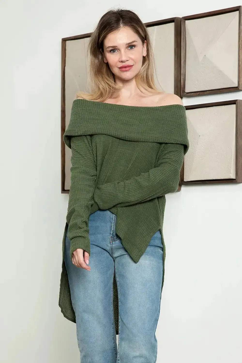 Extra Wide Turtleneck Long Sleeve Side Slit Long Back Sweater