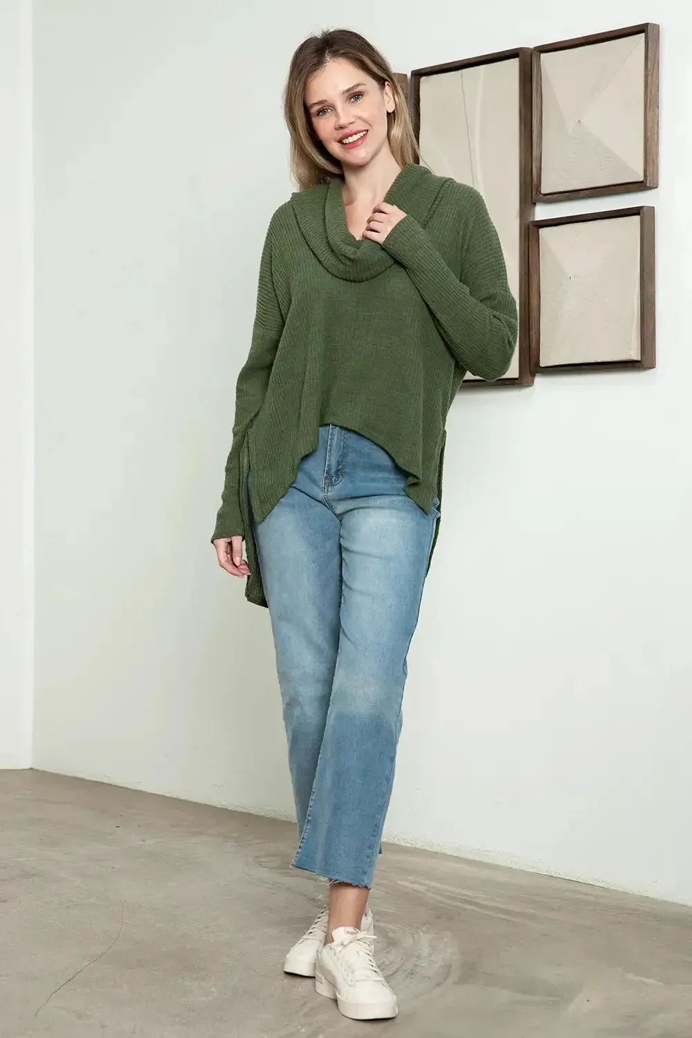 Extra Wide Turtleneck Long Sleeve Side Slit Long Back Sweater