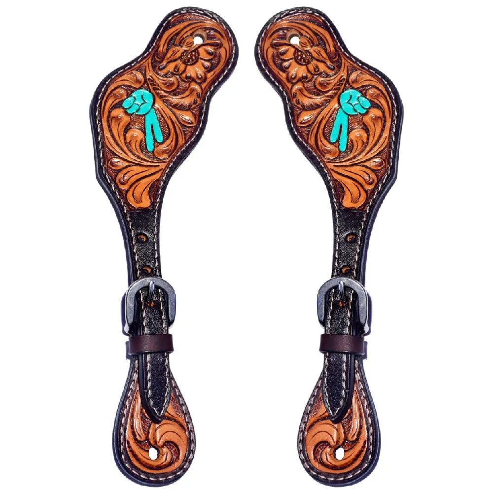 Floral Hand Carved Horse Western Leather Spur Strap Black