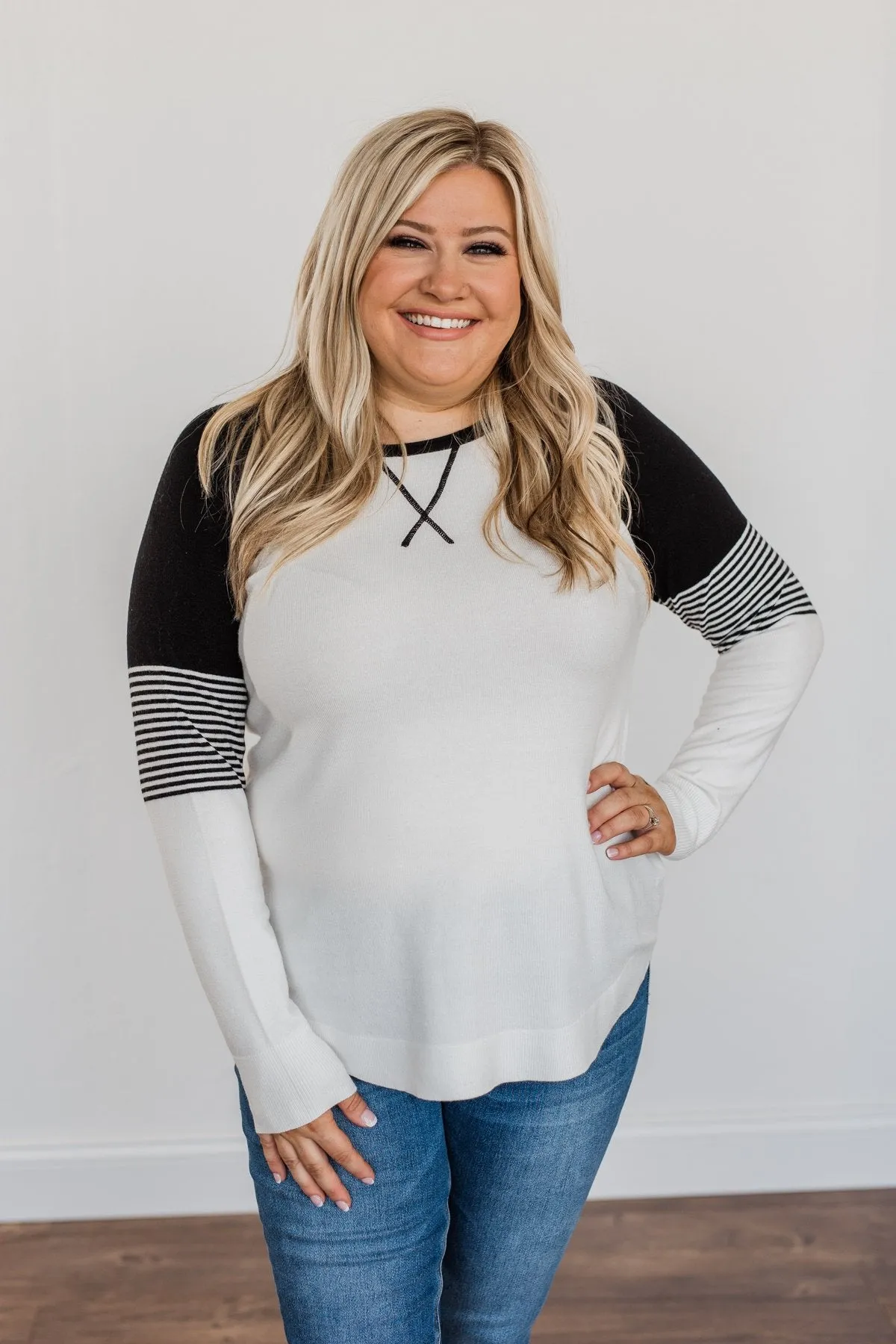 Friends To The End Knit Raglan Sweater- Ivory & Black