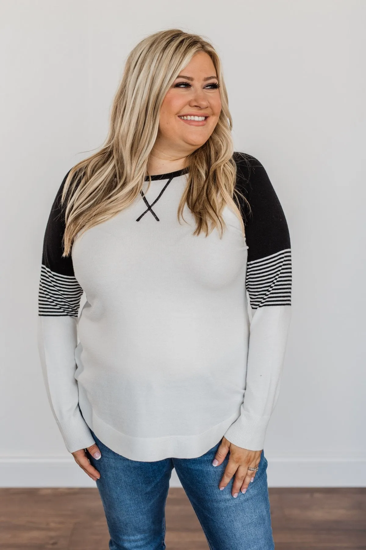 Friends To The End Knit Raglan Sweater- Ivory & Black