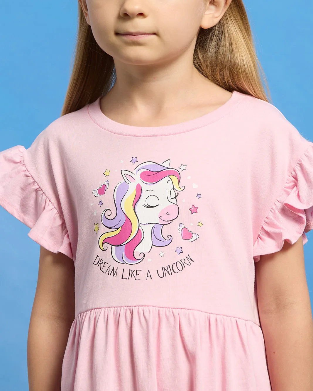 Girls Pink Unicorn Printed Dress