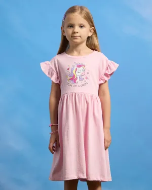 Girls Pink Unicorn Printed Dress