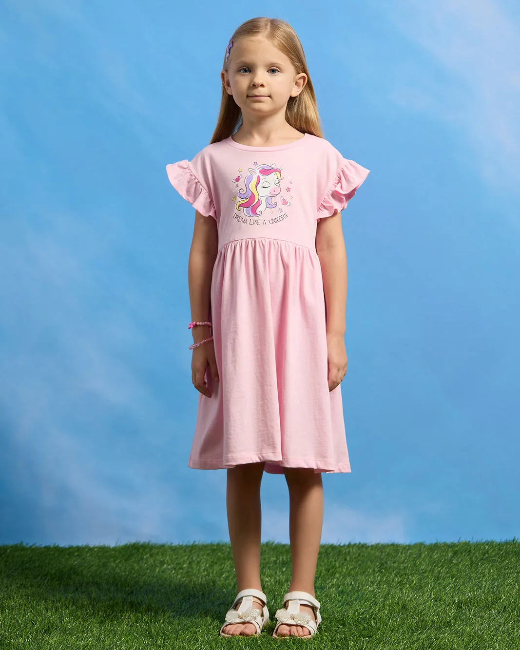 Girls Pink Unicorn Printed Dress