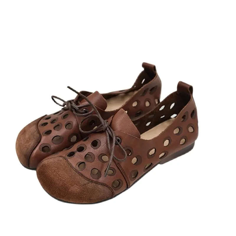 Handmade Womens Soft Genuine Leather Sandals Lace Up Brown