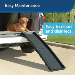 Happy Ride™ Folding Dog Ramp, 62 Inch! Although light, the strong, durable folding ramp can support four-legged friends up to 150 pounds! Retails $150 