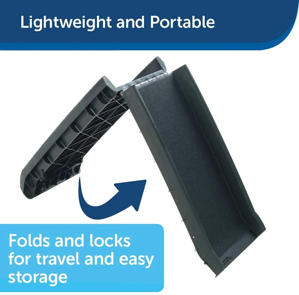 Happy Ride™ Folding Dog Ramp, 62 Inch! Although light, the strong, durable folding ramp can support four-legged friends up to 150 pounds! Retails $150 