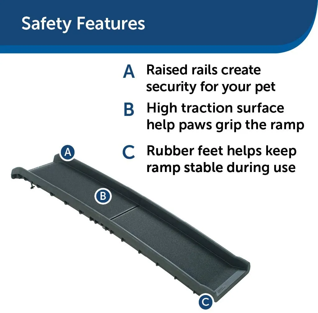 Happy Ride™ Folding Dog Ramp, 62 Inch! Although light, the strong, durable folding ramp can support four-legged friends up to 150 pounds! Retails $150 